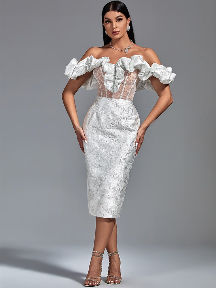 White Jacquard Elegant Sexy Off Shoulder Midi Bodycon Dress Yellow / XL White Jacquard Elegant Sexy Off Shoulder Midi Bodycon Dress Yellow / XL