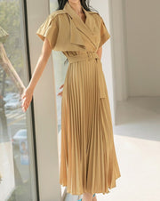 High Quality Slim Waist Belted Short Sleeve Pleated Notched Neck Elegant Dress