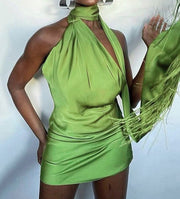 Green Backless Dress Sleeveless Halter Sexy Casual