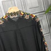 High Quality Stand Collar Retro Print Long Sleeve Silk Black Shirt