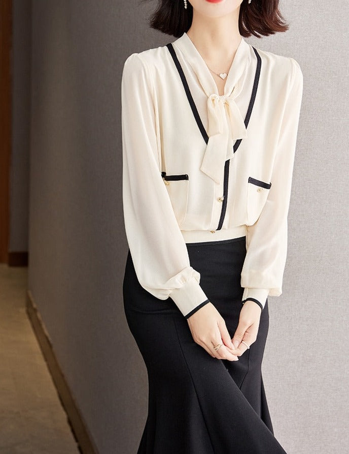 High Quality Long Sleeve Lace Up Chiffon Vintage Blouse