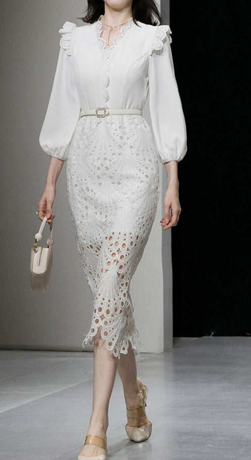 Elegant White Midi Dress with Embroidery Long Sleeves of High Quality White / L Elegant White Midi Dress with Embroidery Long Sleeves of High Quality White / L