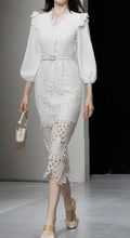Elegant white midi dress with embroidery long sleeves of high quality