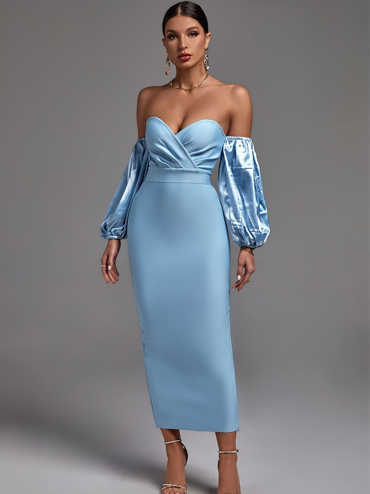 Blue Midi Elegant Sexy Off Shoulder Bodycon Dress