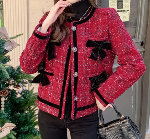 Classic Style Chunky Contrast Color Bow Knitted Tweed Jacket