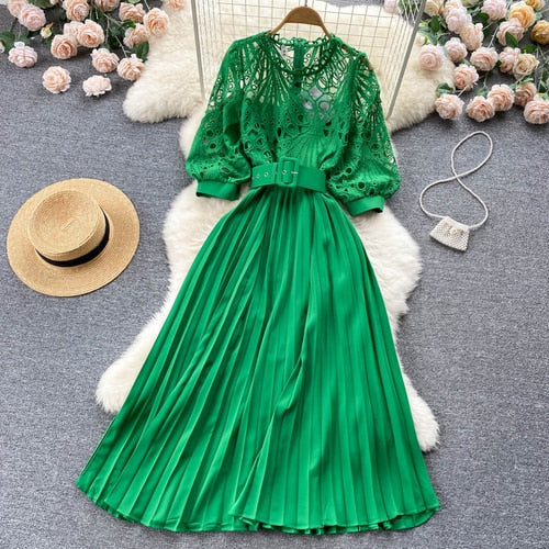 High-quality multi-color belted pleated lace dress with long sleeves