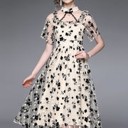Women Summer Elegant Flocking Dress Festa High Quality Lace Cocktail Party Robe Femme Vintage Designer Mesh Vestidos