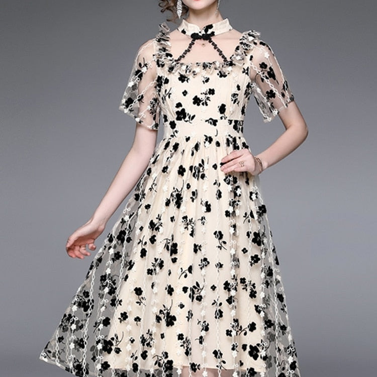 Women Summer Elegant Flocking Dress Festa High Quality Lace Cocktail Party Robe Femme Vintage Designer Mesh Vestidos