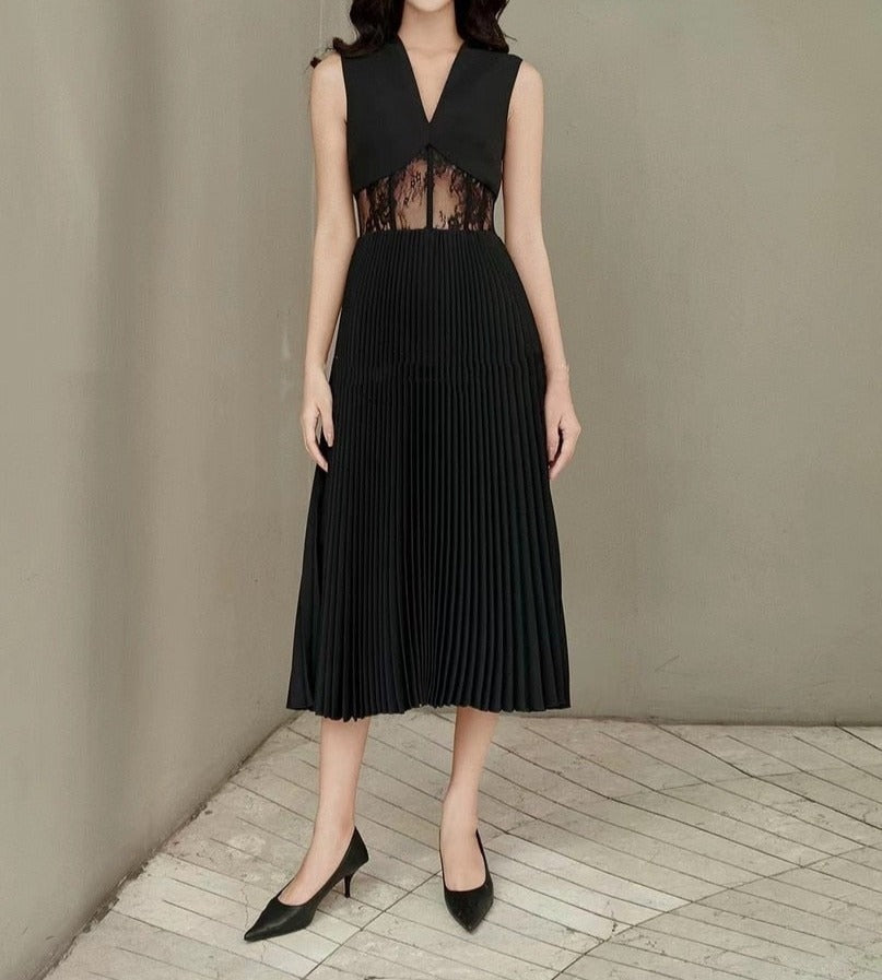 Pleated Lace Splicing Elegant Long Dress Black / S Pleated Lace Splicing Elegant Long Dress Black / S