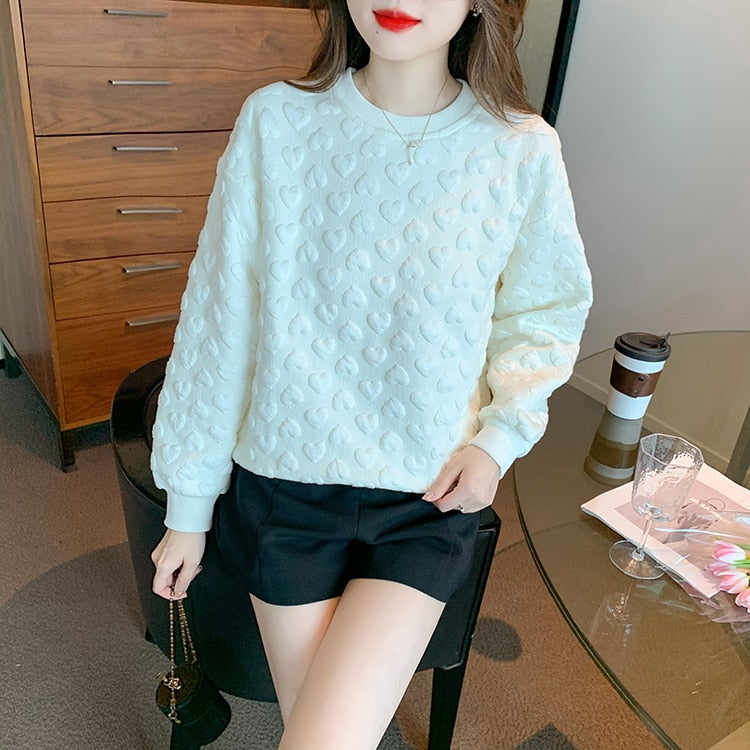 Women 3D Embossed Loose Casual Sweatshirt O-Neck Vintage Work Tops Korean Design Long Sleeve T-Shirts