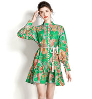 High quality vintage long sleeve single breasted lace belt print blue green shirt dress