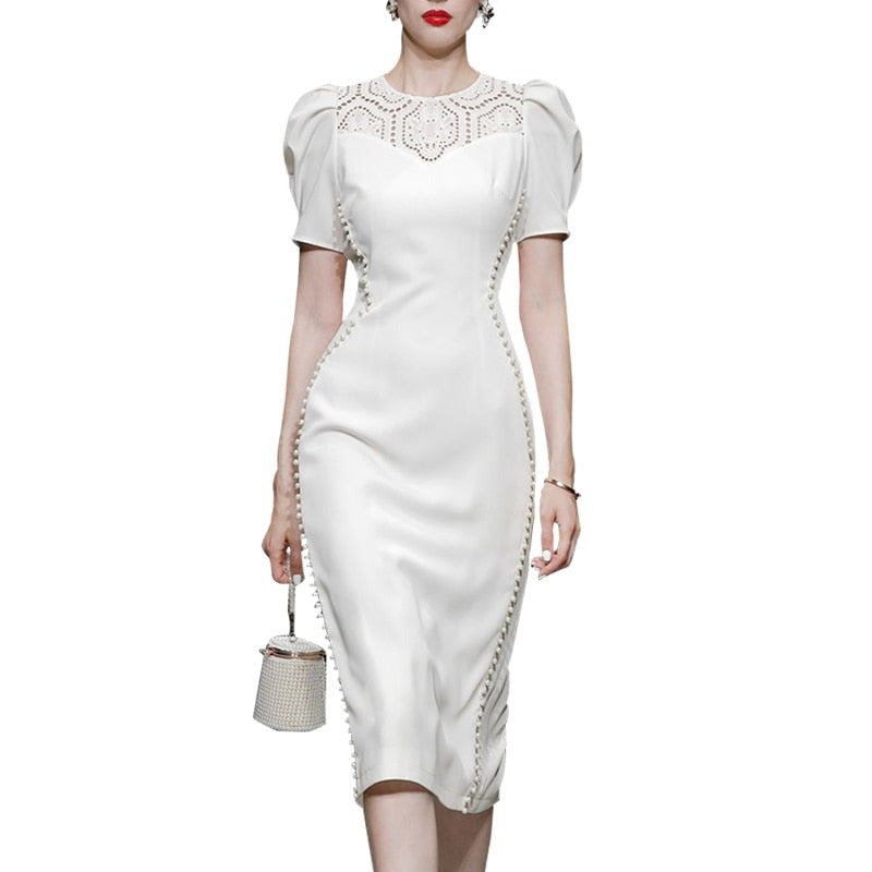 White High Quality Puff Sleeve Bodycon Elegant Midi Sheath Dress