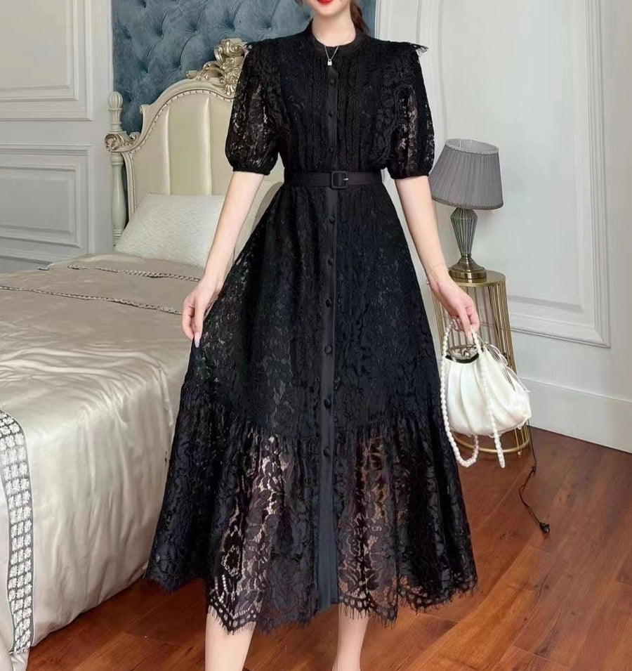 High quality multi color sleeves lace midi elegant vintage dress