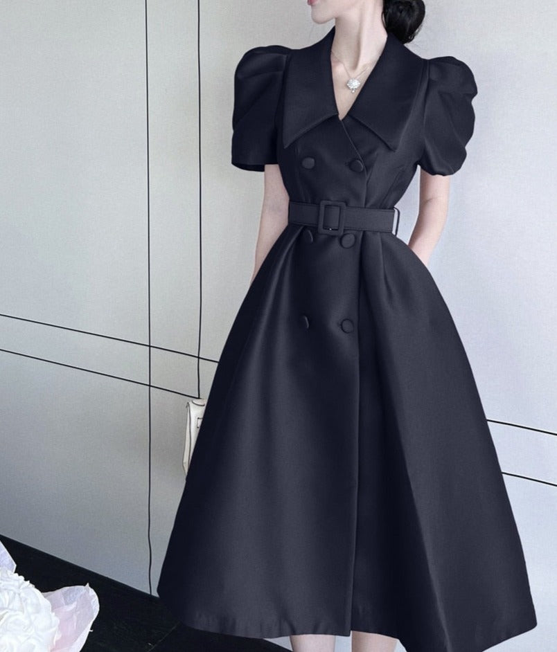 Elegant Double Breasted Midi Puff Sleeve Belted High Waist Plain Dress