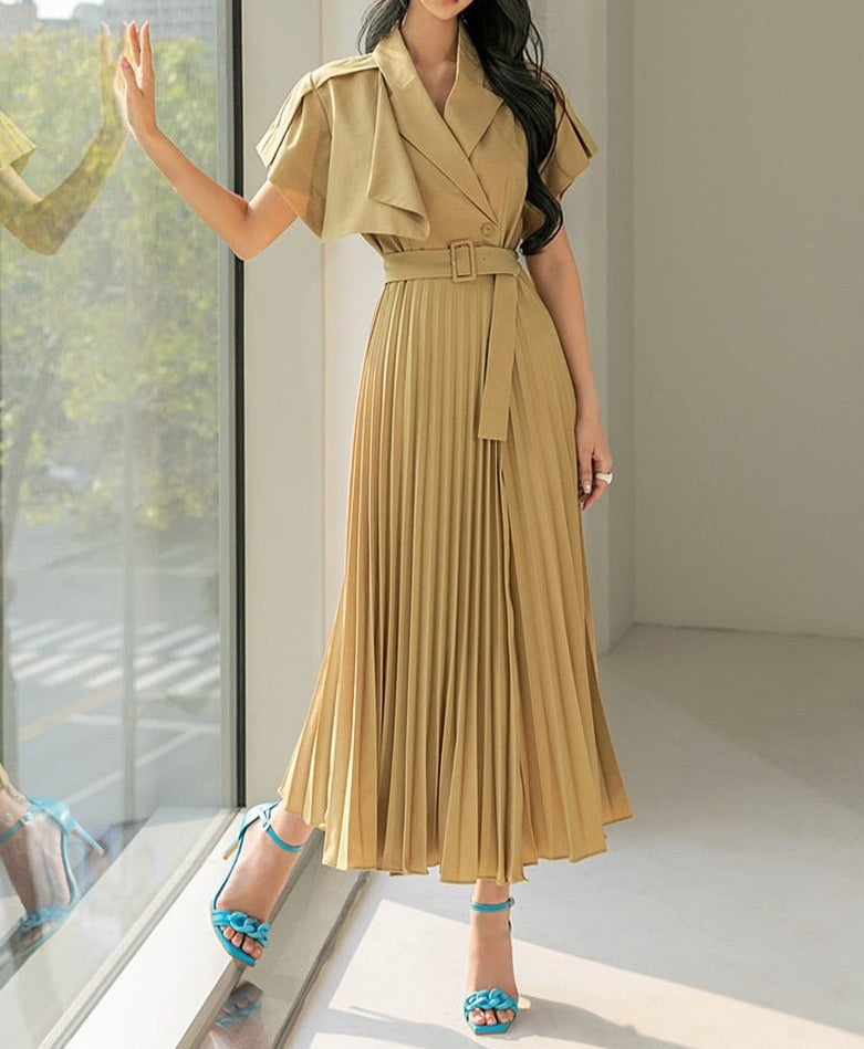 High Quality Slim Waist Belted Short Sleeve Pleated Notched Neck Elegant Dress