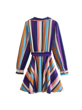 Multicolor Striped V-Neck Belt Long Sleeve Casual Loose Swing Dress