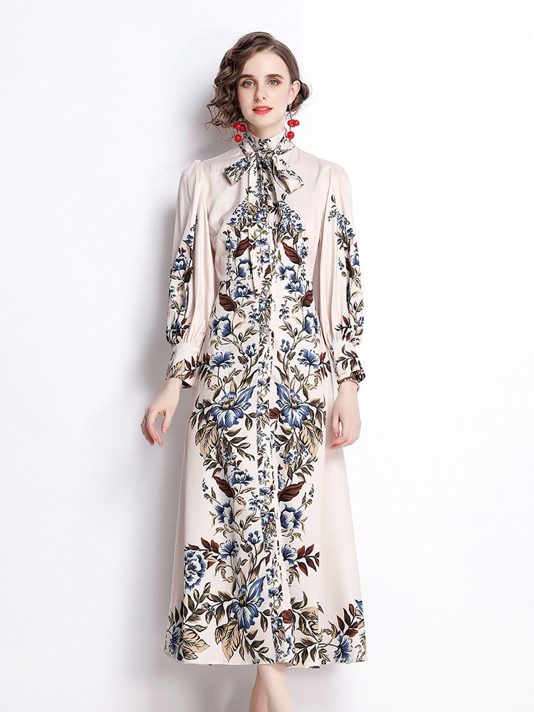 High Quality High Neck Long Sleeve Print Elegant Dress