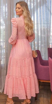 High Quality Vintage Embroidery Hollow Out Belted Elegant Midi Long Dresses