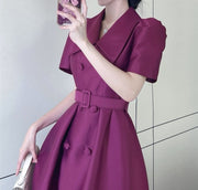 Elegant Double Breasted Midi Puff Sleeve Belted High Waist Plain Dress