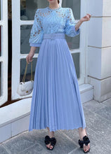 High quality vintage belted round neck half sleeve hollow out lace dress