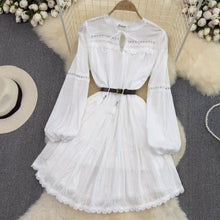 High Quality Belted Flared Long Sleeve Lace French Style Dress