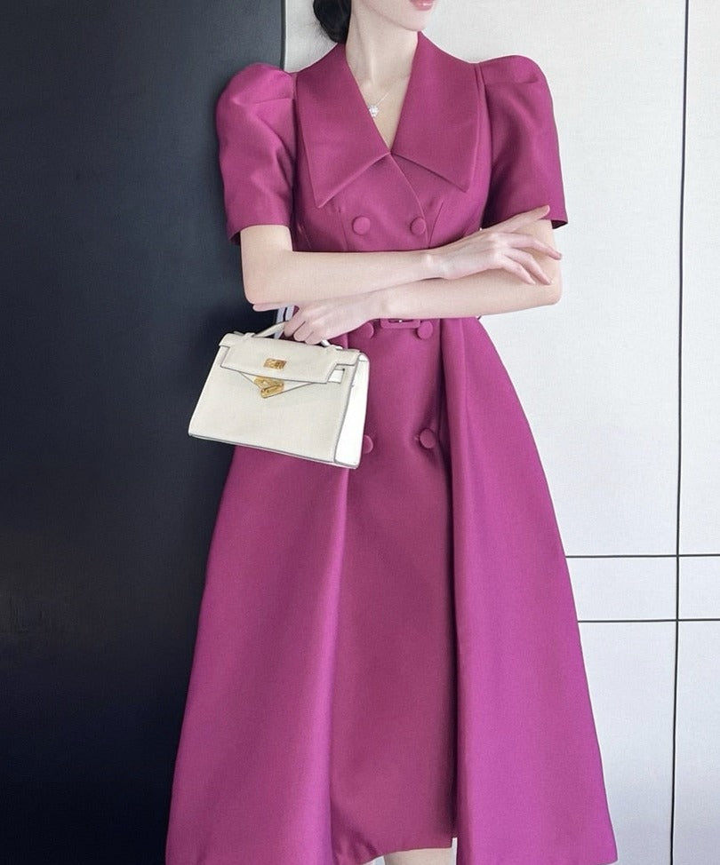 Elegant Double Breasted Midi Puff Sleeve Belted High Waist Plain Dress