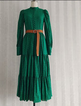 High Quality Vintage Embroidery Hollow Out Belted Elegant Midi Long Dresses