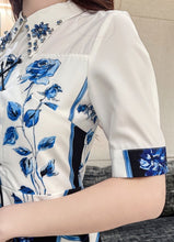 Dress elegant white and blue floral printed knee length  lace up A-line