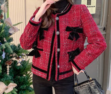 Classic Style Chunky Contrast Color Bow Knitted Tweed Jacket