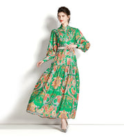 High Quality Loose Belt Floral Print Multicolor Long Sleeve Lantern Dress