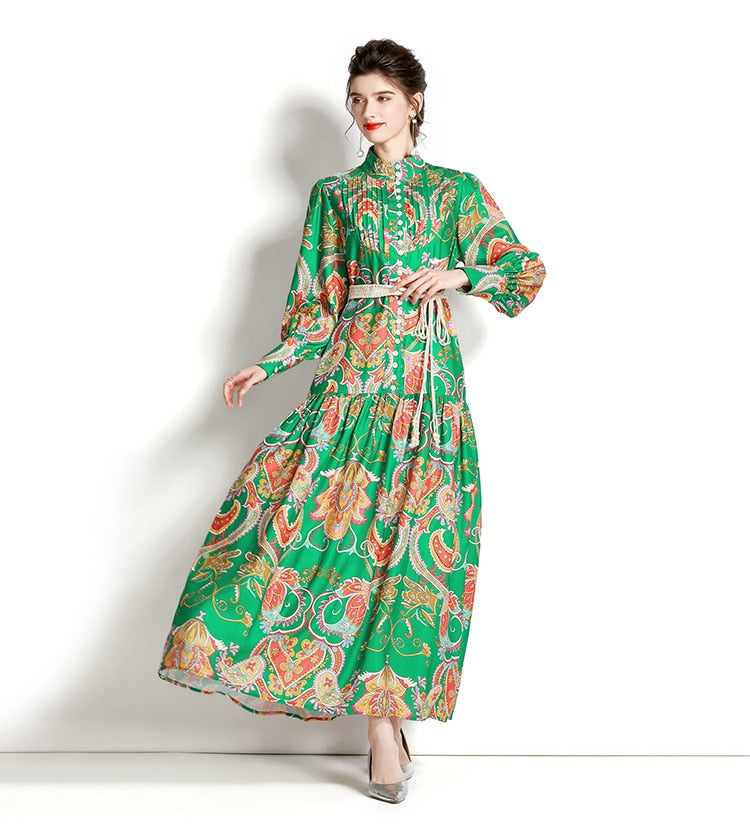 High Quality Loose Belt Floral Print Multicolor Long Sleeve Lantern Dress