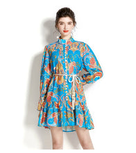 High quality vintage long sleeve single breasted lace belt print blue green shirt dress