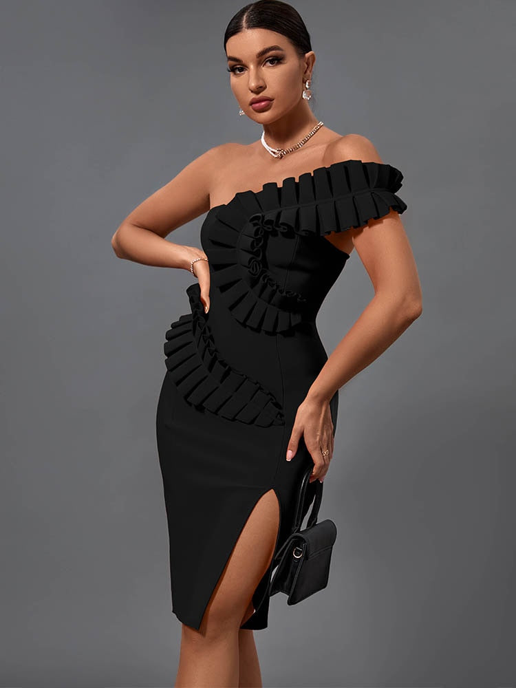 ruffle bandage bodycon dress SHEER RUFFLED BANDAGE DRESSES-Green XS