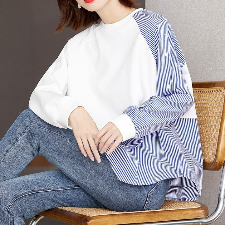 Irregular Striped Shirt Panel Sweatshirt Office Blusas Vintage Top Simple Chiffon Women Blouses Casual Shirts