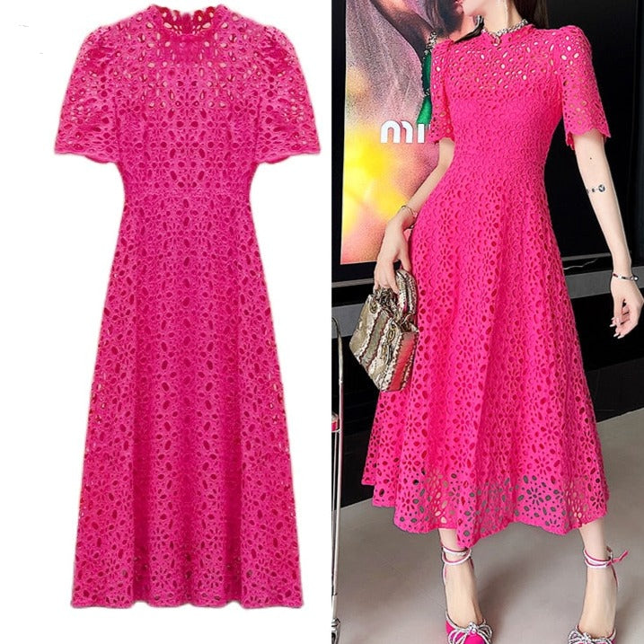 High Quality Three Quarter Sleeve Embroidered Fuchsia Long Elegant Midi Dress