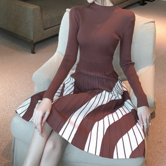 High Quality Striped Long Sleeves Pleated A Line Sweater Dress