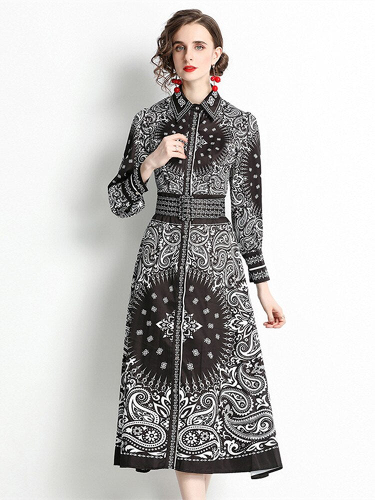 High Quality Flower Print Elegant Belted Long Flare Sleeve Dresses