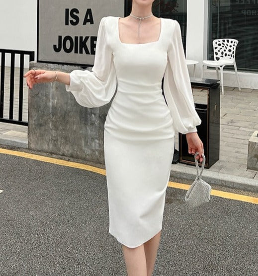High Quality Elegant Flare Sleeve Bodycon White/Black Sheath Dress Black / S High Quality Elegant Flare Sleeve Bodycon White/Black Sheath Dress Black / S