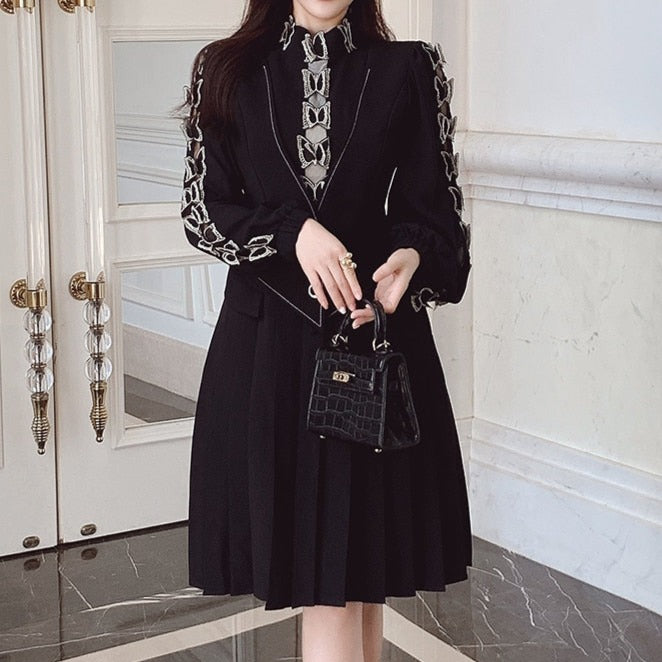 High Quality Pleated Long Sleeve Black Elegant Dress