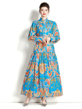 High Quality Loose Belt Floral Print Multicolor Long Sleeve Lantern Dress
