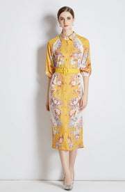 Dress High Neck Puffed Sleeve Floral Print with Belt