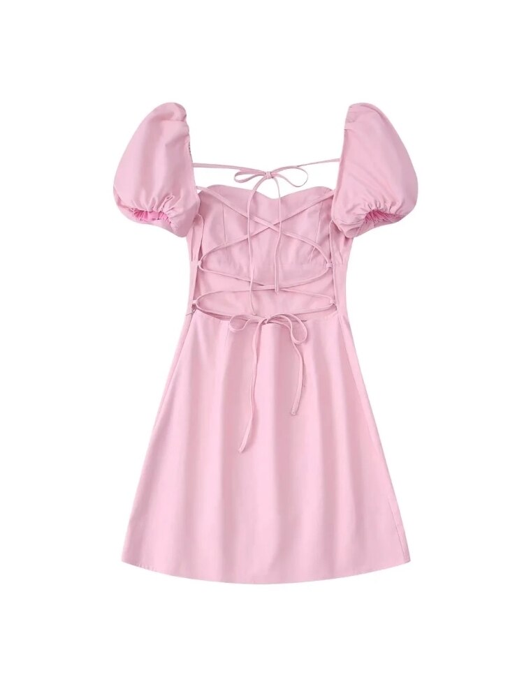 Pink Linen Backless Puff Sleeves Mini Dress