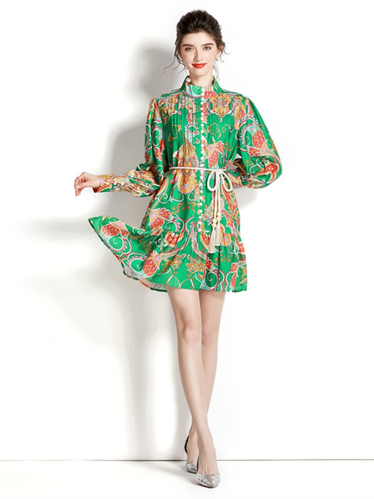 High quality vintage long sleeve single breasted lace belt print blue green shirt dress