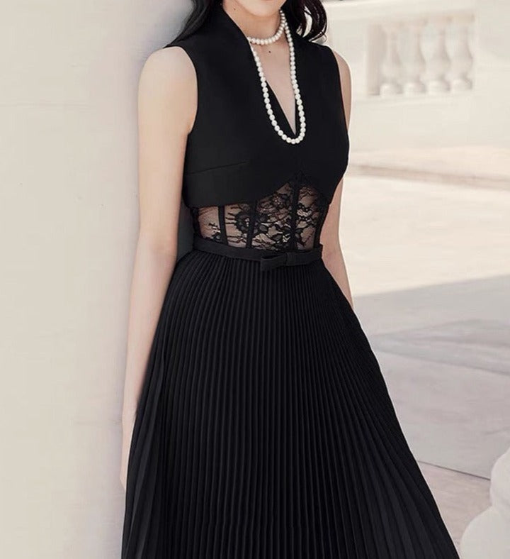 Pleated Lace Splicing Elegant Long Dress