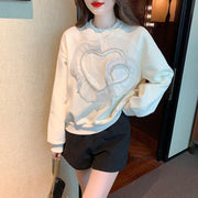 Loose Women Tops Mesh Beading Casual Sweatshirt O-Neck Vintage Work Korean Long Sleeve Simple T-Shirts