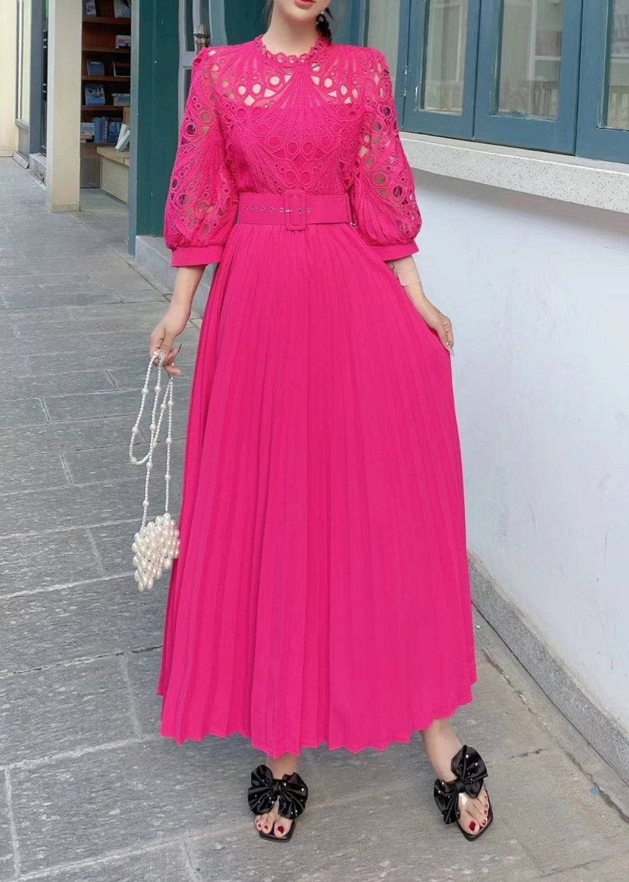 High quality vintage belted round neck half sleeve hollow out lace dress