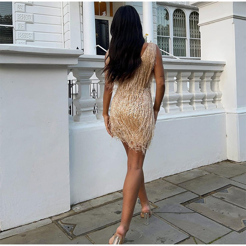 Off Shoulder Dresses V-Neck Feather Stitching Sequined Fringed