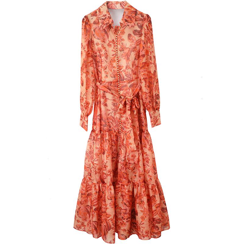 Maxi Dress Lantern Sleeve Button Down High Quality Print Ruffles