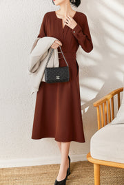 High Quality Belted Elegant Long Sleeves V Neck Vintage Dresses