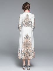 V Neck Long Lantern Sleeve Baroque Flower Print Elegant Lace Up Belted Maxi Dress